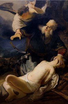 Abraham with a knife above Isaac; an angel above him, holding his hand