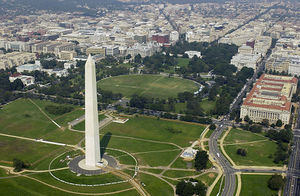 Aerial view of the Washington Monument and the White House