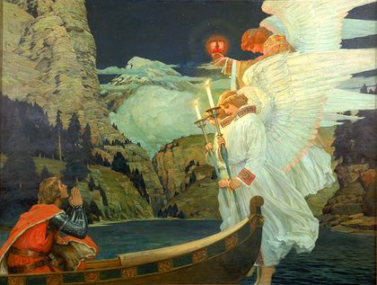 Knight in a boat, looking up to see three angels, one holding the Holy Grail
