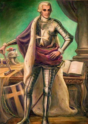 Saint Germain dressed in armour, wearing a sword