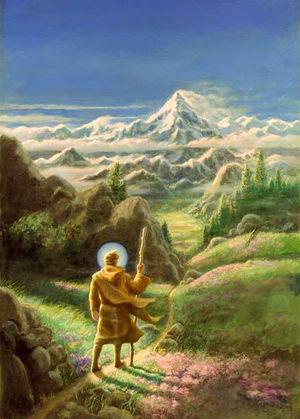 Painting of a chela walking along a pathway towards a distant mountain