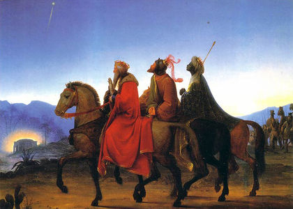 The Three Wise Men on horseback looking up to the star