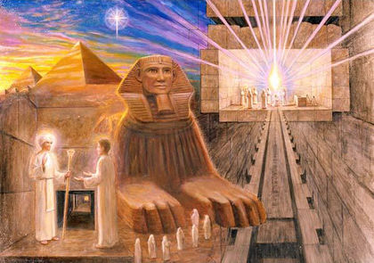 Serapis Bey with an initiate, with the Sphinx, the Great Pyramid and the King's Chamber