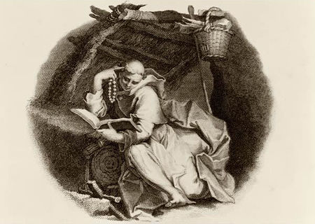 St. Hilarion reading a book, a crude shelter above him